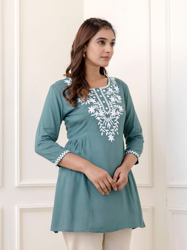 Skyblue Rayon Hip Length Solid Round Neck Solid Embroidered Straight Top