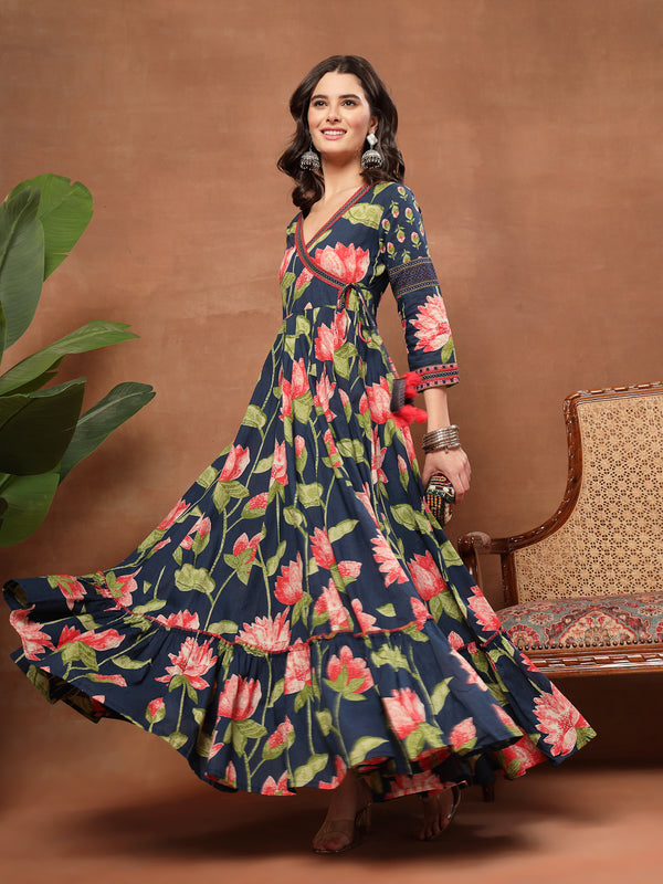 Cotton Ankle Length Printed 3/4 Sleeves V-Neck Flared Kurta