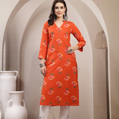 Gulmohar Jaipur Cotton Calf Length Printed 3/4 Sleeve V-Neck Straight Kurta