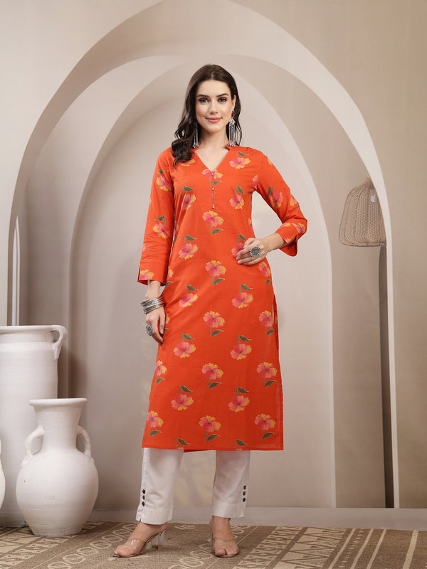Gulmohar Jaipur Cotton Calf Length Printed 3/4 Sleeve V-Neck Straight Kurta