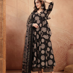 Gulmohar Jaipur Cotton Calf Length Printed 3/4 Sleeve V-Neck Anarkali Kurta Suit Set