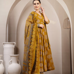 Gulmohar Jaipur Cotton Calf Length Printed 3/4 Sleeve V-Neck Anarkali Kurta Suit Set