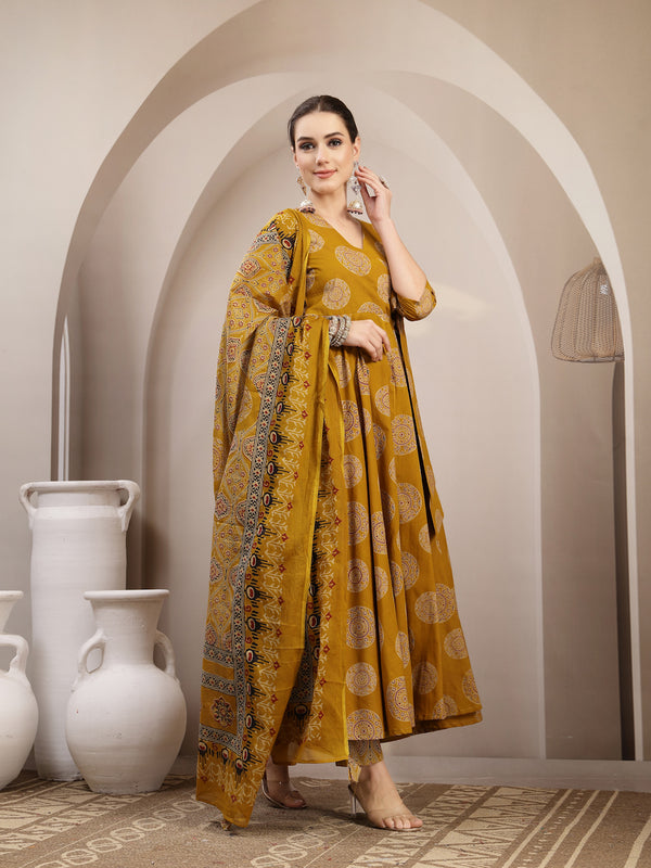 Gulmohar Jaipur Cotton Calf Length Printed 3/4 Sleeve V-Neck Anarkali Kurta Suit Set