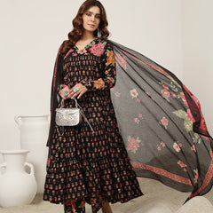 Cotton Calf Length Printed Full Sleeve V-Neck Flared Kurta Suit Set