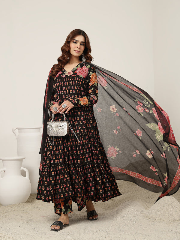 Cotton Calf Length Printed Full Sleeve V-Neck Flared Kurta Suit Set