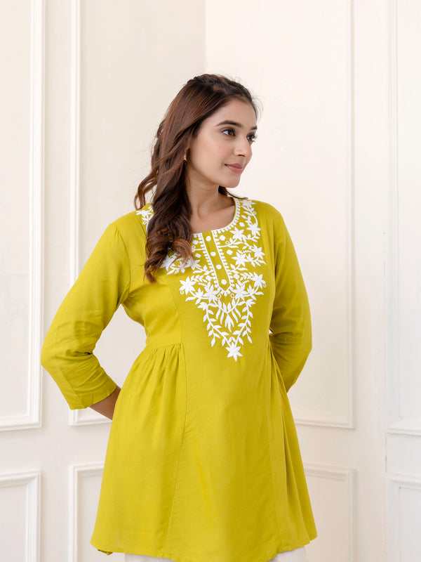 Lime Rayon Hip Length Solid Round Neck Solid Embroidered Straight Top