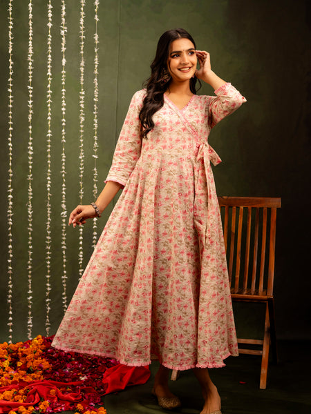 Off White Cotton Calf Length Printed Flared Angrakha Kurta
