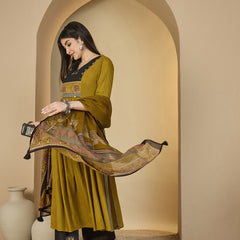 Gulmohar Jaipur Rayon Calf Length Solid 3/4 Sleeves V-Neck Flared Kurta Suit Set