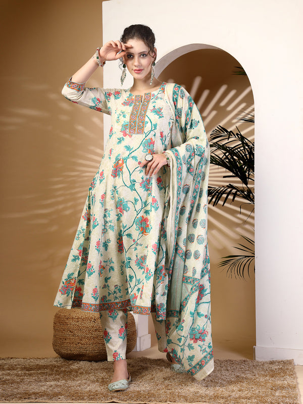 Off White Printed Cotton Kurta Suit Set