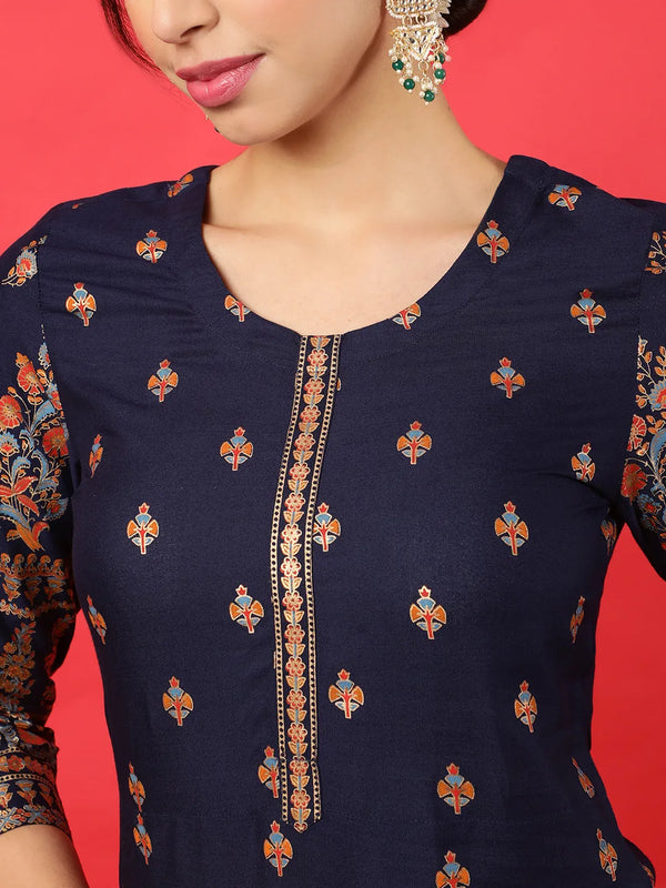 Navy Blue Printed Straight Rayon Kurta Suit Set