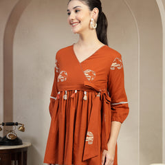 Gulmohar Jaipur Rayon Hip Length Printed 3/4 Sleeves V-Neck Flared Top