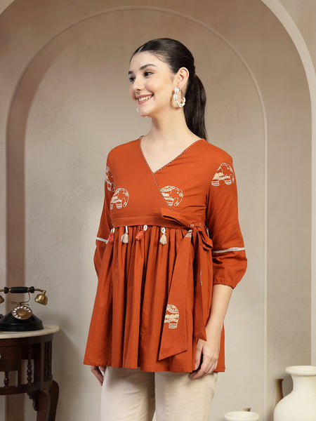 Gulmohar Jaipur Rayon Hip Length Printed 3/4 Sleeves V-Neck Flared Top