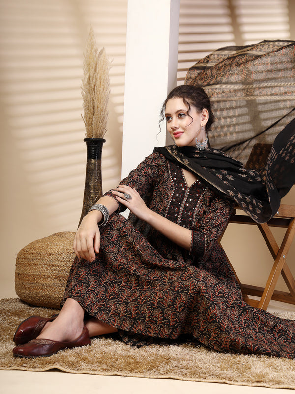 Black Cotton Calf Length Printed V-Neck Anarkali Kurta Suit Set