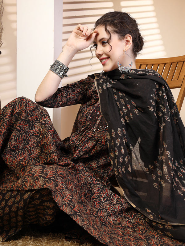 Black Cotton Calf Length Printed V-Neck Anarkali Kurta Suit Set