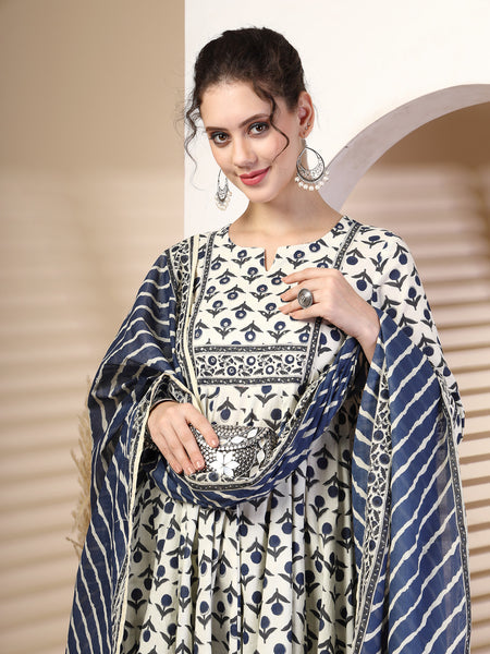 Cotton Calf Length Printed Round Neck Anarkali Kurta Suit Set