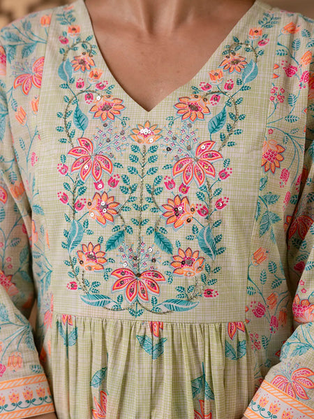 Mint Green Cotton Floral Print Embroidered Kurta Suit Set