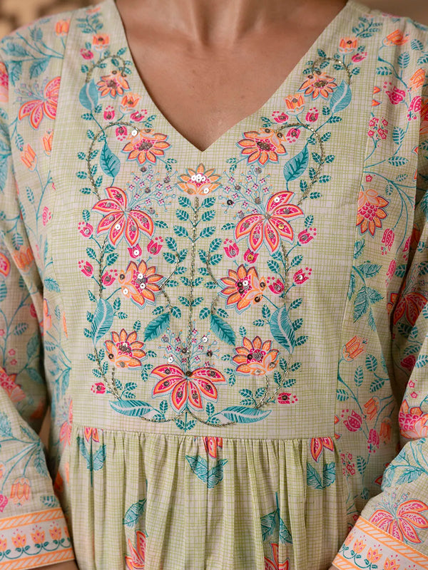Mint Green Cotton Floral Print Embroidered Kurta Suit Set