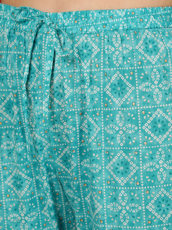 Cotton Calf Length Printed Straight 3/4 Sleeves V-Neck Kurta Bottom Dupatta Set
