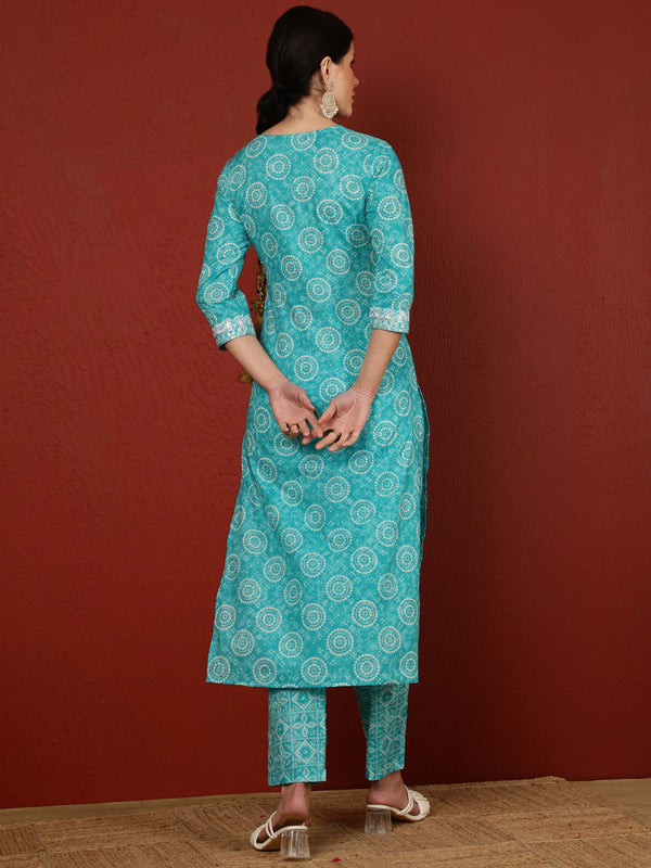 Cotton Calf Length Printed Straight 3/4 Sleeves V-Neck Kurta Bottom Dupatta Set