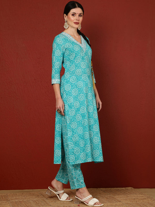 Cotton Calf Length Printed Straight 3/4 Sleeves V-Neck Kurta Bottom Dupatta Set