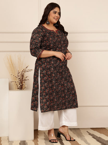 Cotton Calf Length Printed Straight 3/4 Sleeves Round Kurta Suit Set (Plus+)