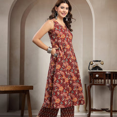 Cotton Calf Length Printed Sleeveless V-Neck Flared Kurta Suit Set