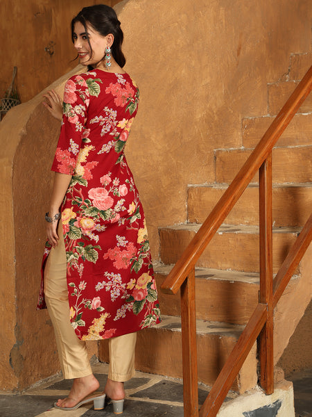 Maroon Cotton Calf Length Printed Straight Round Neck Kurta