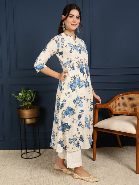 Blue Cotton Flex Calf Length Printed Mandarin  A-Line Coller Kurta