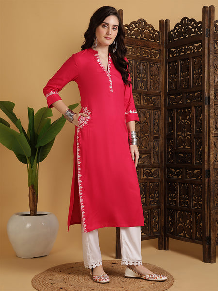 Coral Rayon Embroidered Calf Length Solid Straight V-Neck Kurta