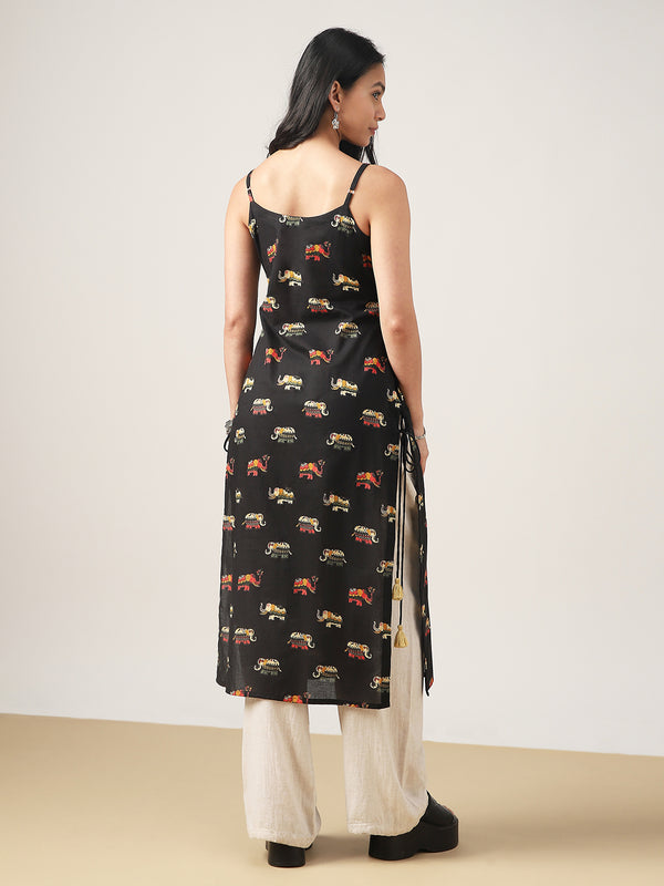 Rayon Calf Length Printed Sleeveless Strappy Straight Kurta