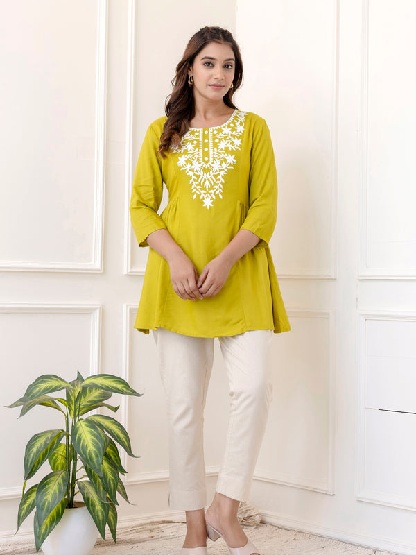 Lime Rayon Hip Length Solid Round Neck Solid Embroidered Straight Top