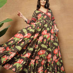 Cotton Ankle Length Printed 3/4 Sleeves V-Neck Flared Kurta