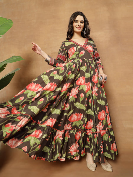 Cotton Ankle Length Printed 3/4 Sleeves V-Neck Flared Kurta