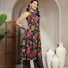 Cotton Calf Length Printed Sleeveless Round Neck Flared Kurta Suit Set