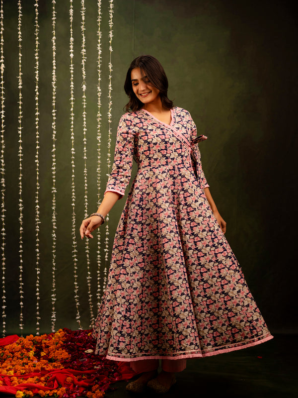 Navy Cotton Calf Length Printed Flared Angrakha Kurta Suit Set