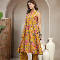 Cotton Calf Length Printed Sleeveless Round Neck Flared Kurta Suit Set