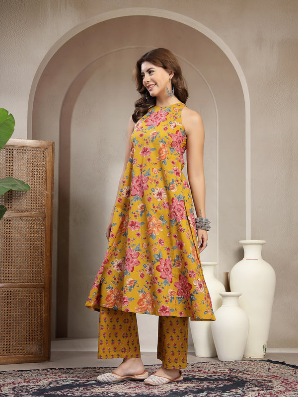 Cotton Calf Length Printed Sleeveless Round Neck Flared Kurta Suit Set