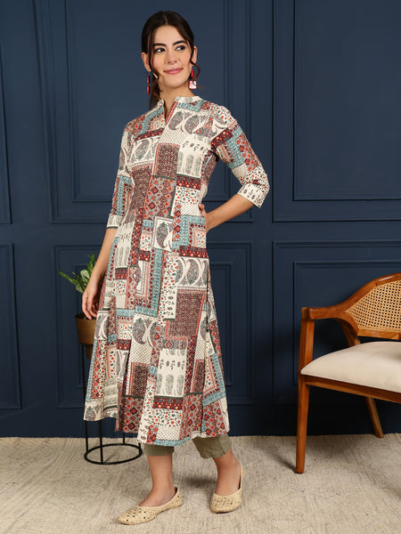 Maroon Cotton Flex Calf Length Printed Mandarin Coller A-Line Kurta