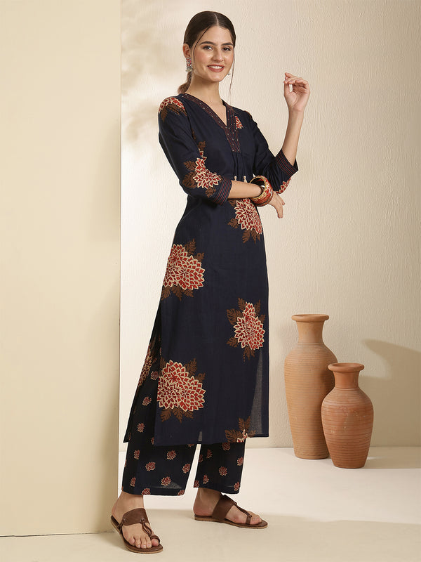 Maroon Pure Cotton Printed 3/4 Sleeves V-Neck Straight Kurta Suit Set