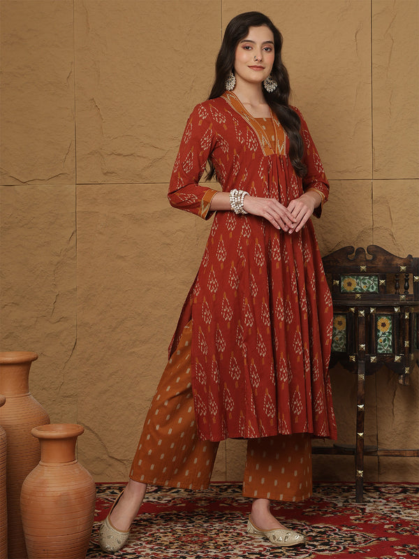 Black Pure Cotton Printed Hand-Work V-Neck Semi-Flared Kurta Suit Set