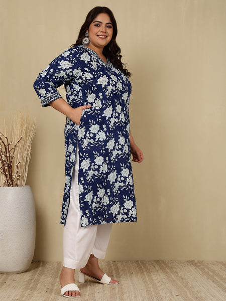 Cotton  Calf Length Printed Straight 3/4 Sleeves V-Neck Kurta