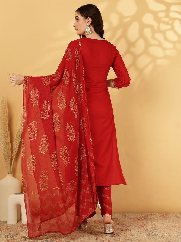 Rayon Calf Length Solid Straight 3/4 Sleeves Round Neck Kurta Bottom Dupatta Set