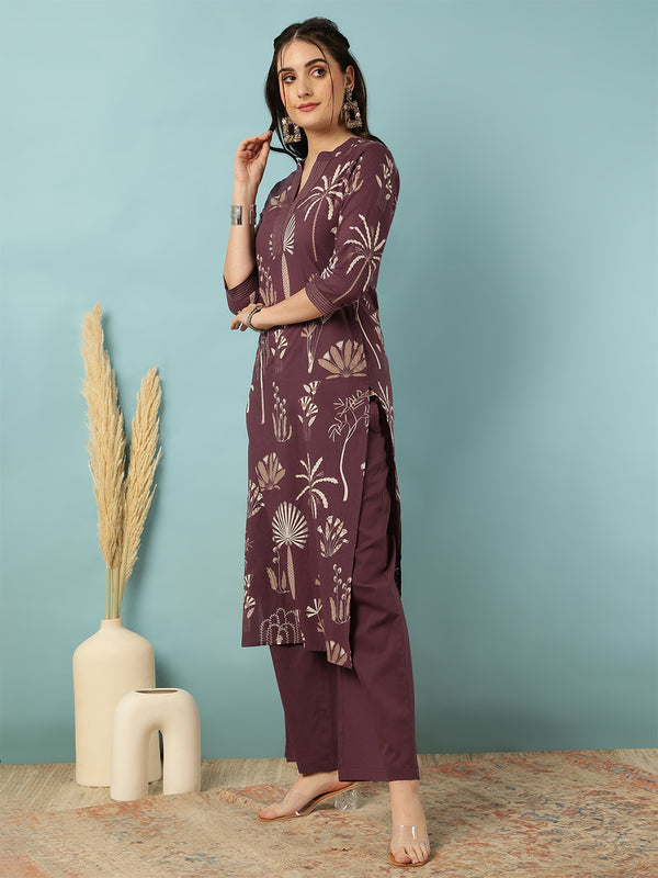 Rayon Calf Length Printed Straight 3/4 Sleeves Mandarin Neck Kurta Bottom Set