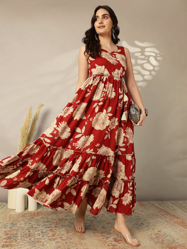 Cotton Calf Length Printed Flared Sleeveless Sweetheart Neck Dress