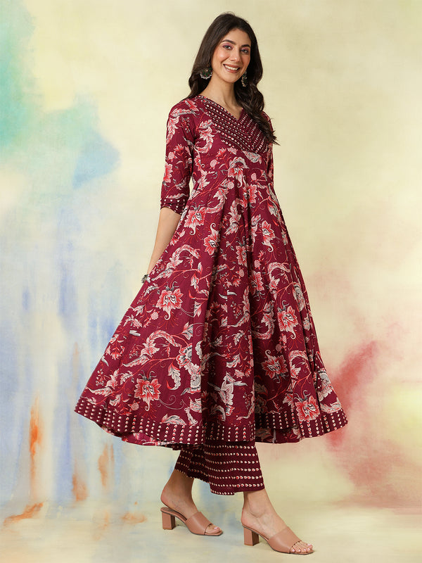 Maroon Pure Cotton Printed Hand-Work Anarkali Kurta Suit Set