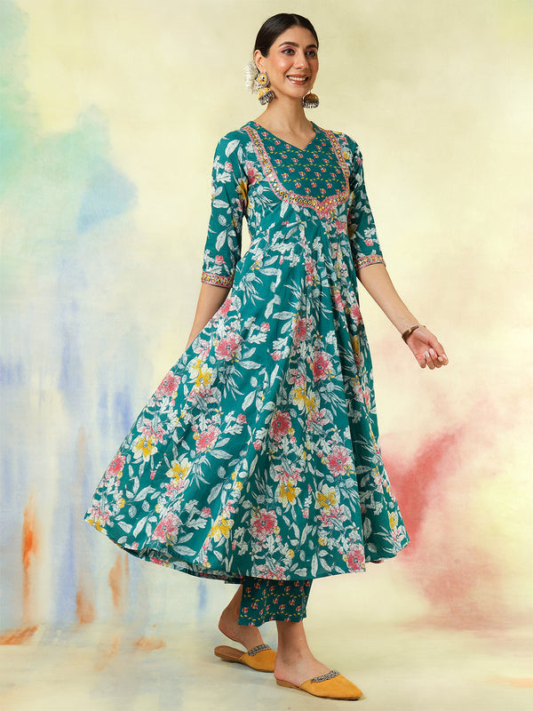 Black Pure Cotton Printed Embroidered Anarkali Kurta Suit Set