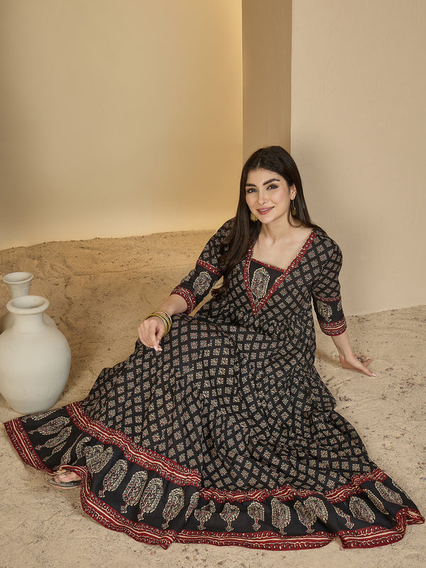 Gulmohar Jaipur Cotton Ankle Length Printed 3/4 Sleeves V-Neck Anarkali Kurta