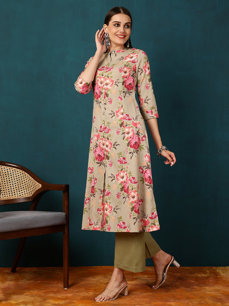 Cotton Flex  Calf length Length Floral  Straight 3/4 Sleeves V  Kurta