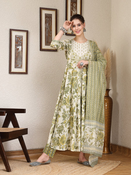 Olive Cotton Calf Length Printed Round Neck Anarkali Kurta Suit Set