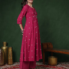 Rayon Calf Length Printed 3/4 Sleeves Round Neck Semi-Flared Kurta Suit Set